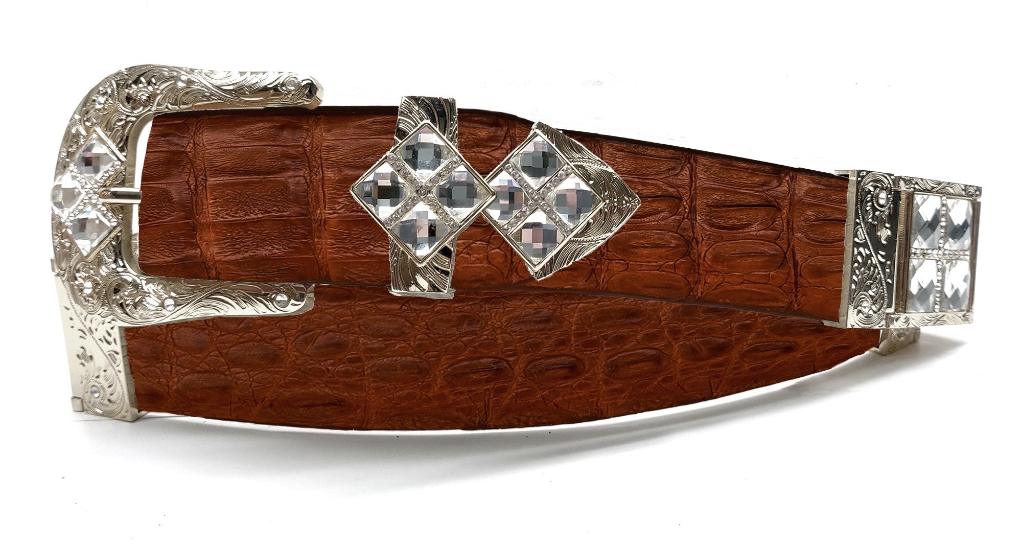 RRango Unisex Silver Tone 4 White Stones Design Caiman Hornback Custom Belt